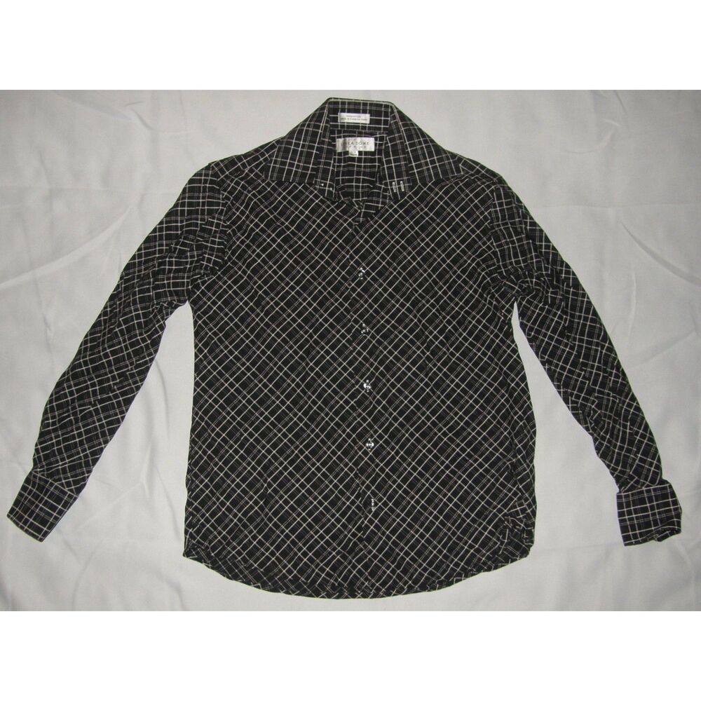 Mens Sz Small Black & White Plaid Button Up Long Sleeve Cotton Shirt LINEA DOME